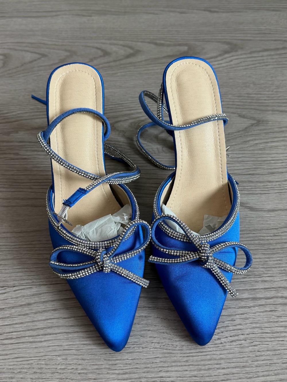 SHEIN Royal Blue Satin Pointed Mules with Crystal Bow Straps